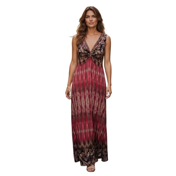 Dresses & Skirts - Red Paisley Ikat Print Sleeveless V-Neck Knot Front Maxi Dress Large